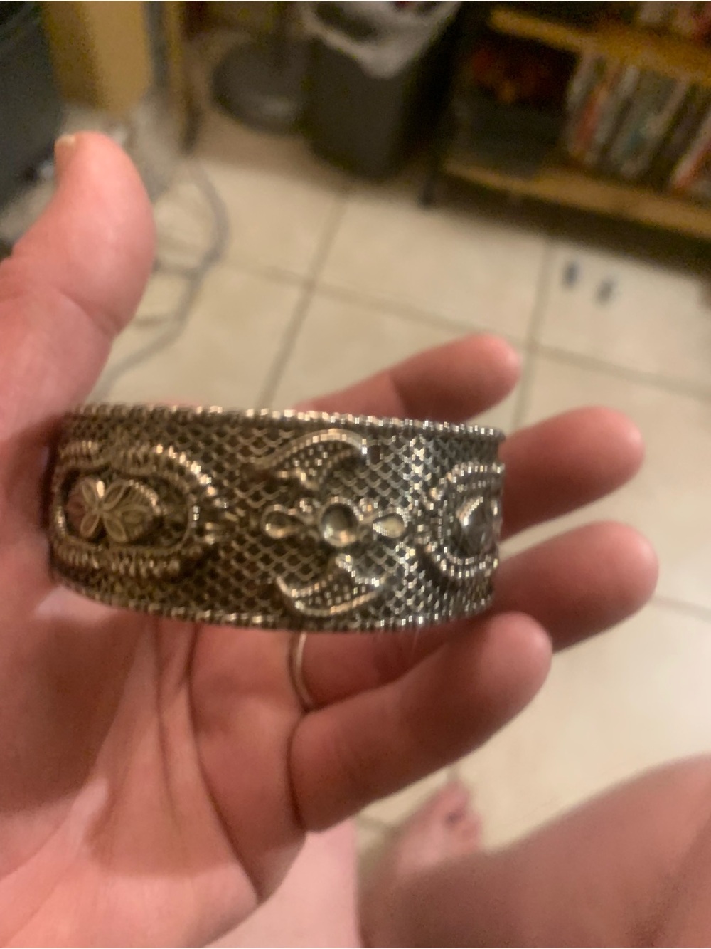 Intricate Filigree Wide Metal Cuff Bracelet - Silver Tone